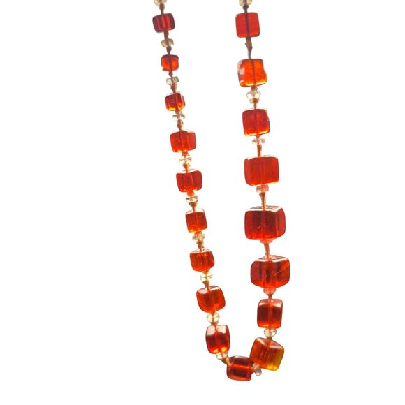 Vintage Cherry Red Lucite Necklace Square Beads Mid Century Glow - Picture 8 of 8